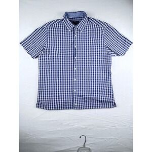 Johnston & Murphy Mens XL Blue White Plaid Cotton Short Sleeve Button Down Shirt